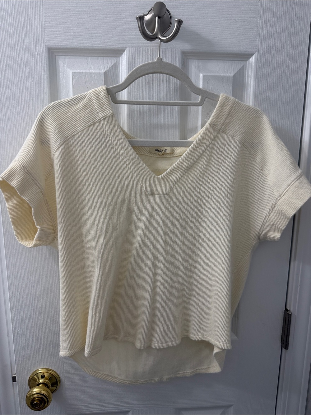 Madewell Ivory Ribbed V-Neck Short Sleeve Top